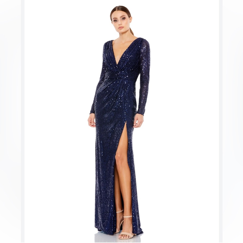 Mac Duggal Navy Sequin Long Sleeve V-Neck Maxi Dress